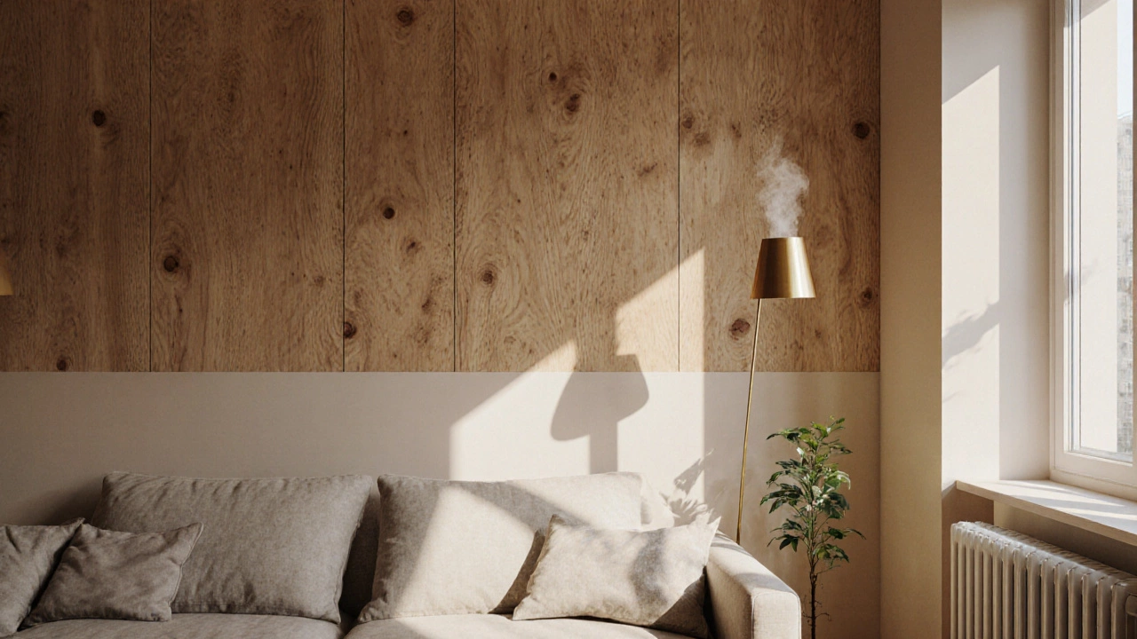 Гостиная с половиной стены из лиственницы и половиной — из гипсокартона, тёплый свет.