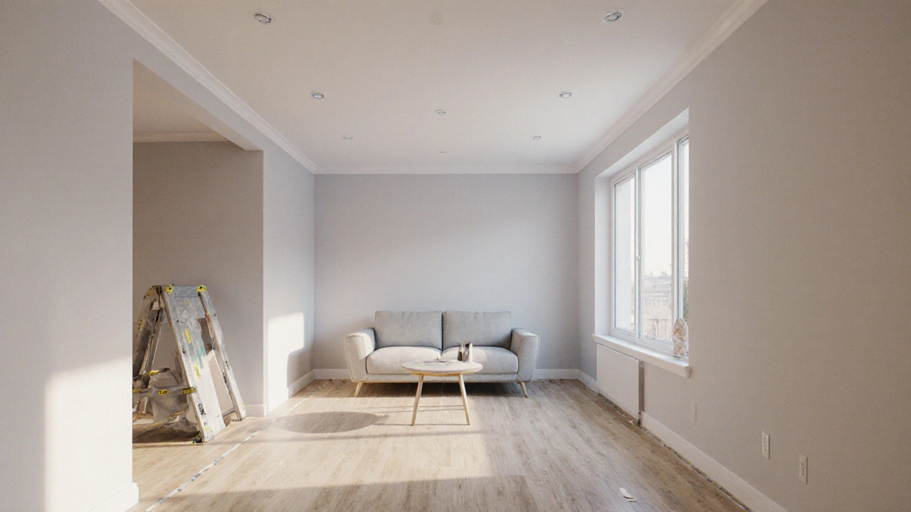 Готовая комната: покрашенные стены, ламинат, потолок и плинтусы.