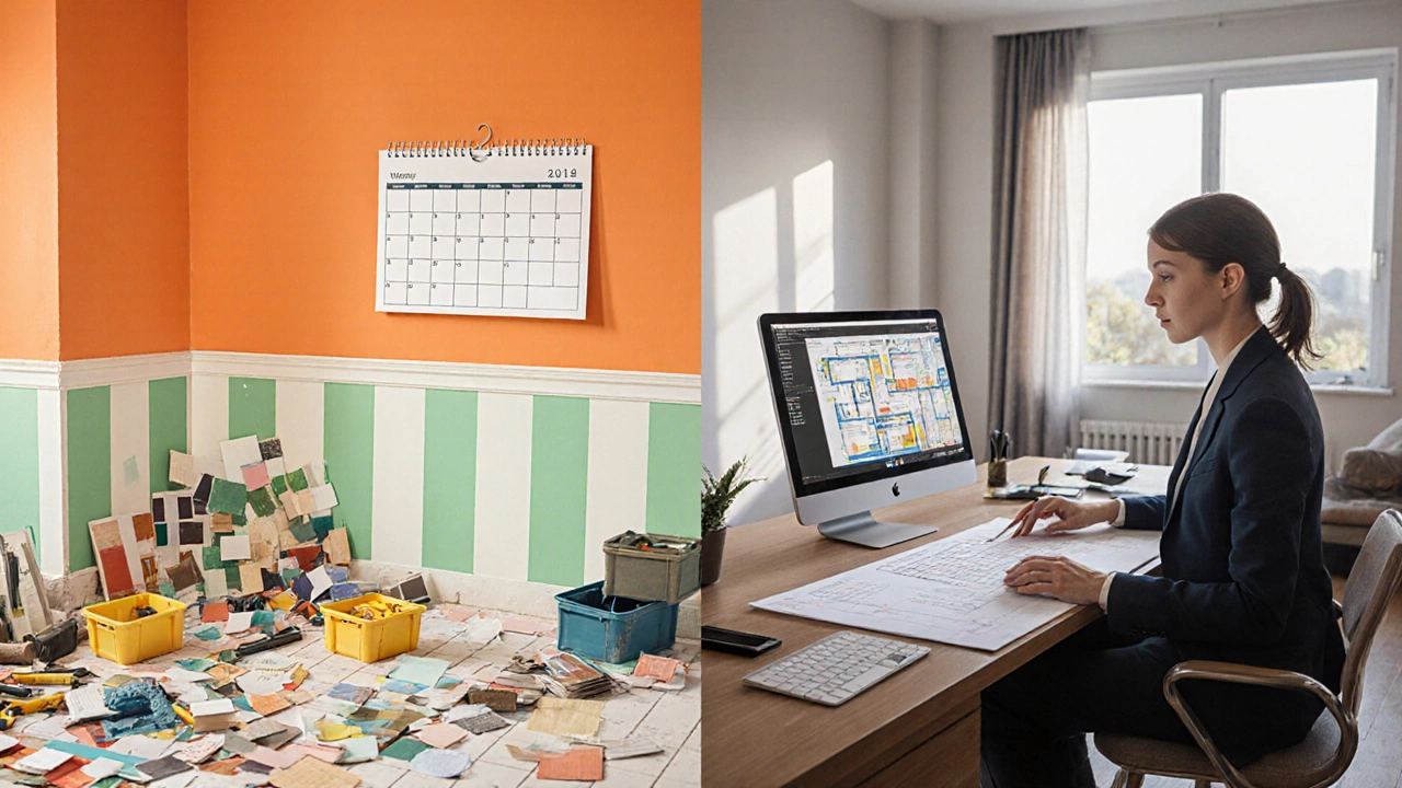 Контрастный рисунок: хаотичный DIY‑ремонт слева и упорядоченный рабочий стол дизайнера справа.