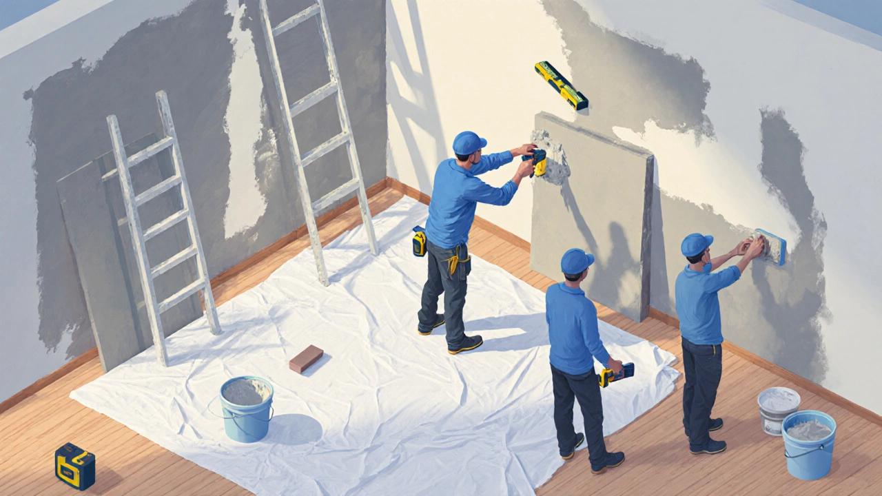 Монтаж гипсокартона и шпаклевка стен в процессе ремонта.