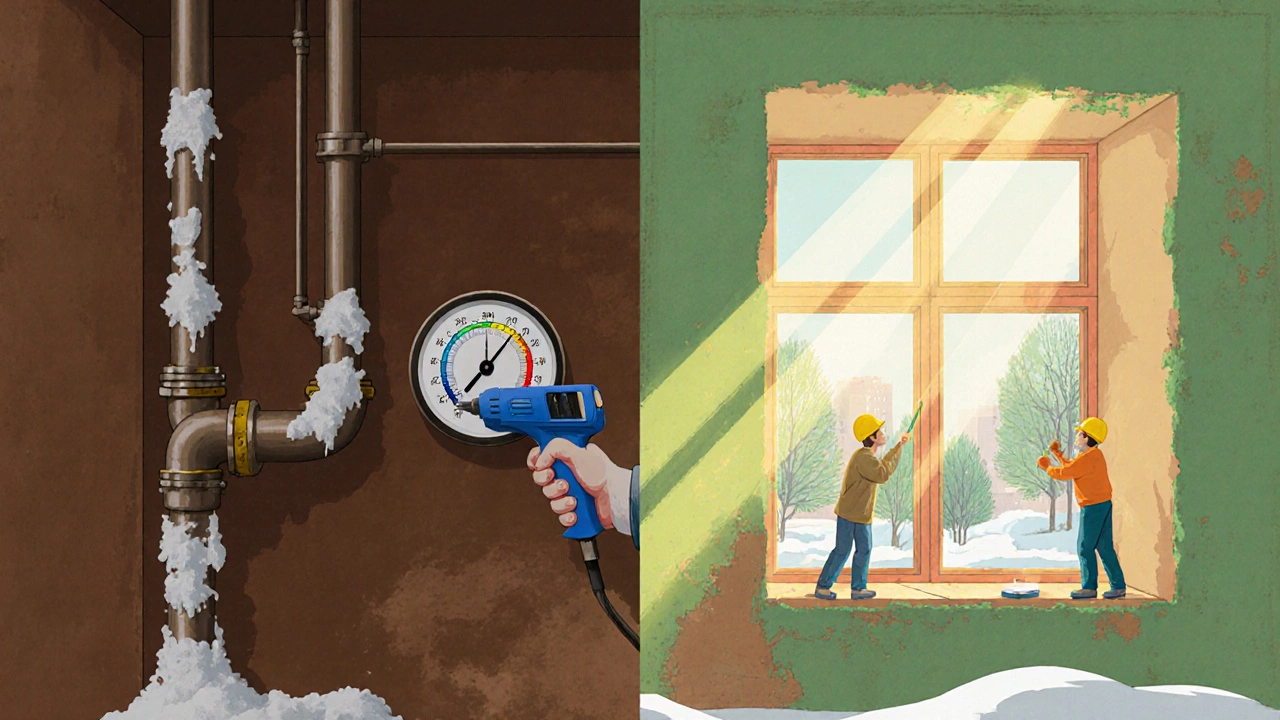 Переход от зимы к весне: таяние снега за окном и нанесение штукатурки внутри.