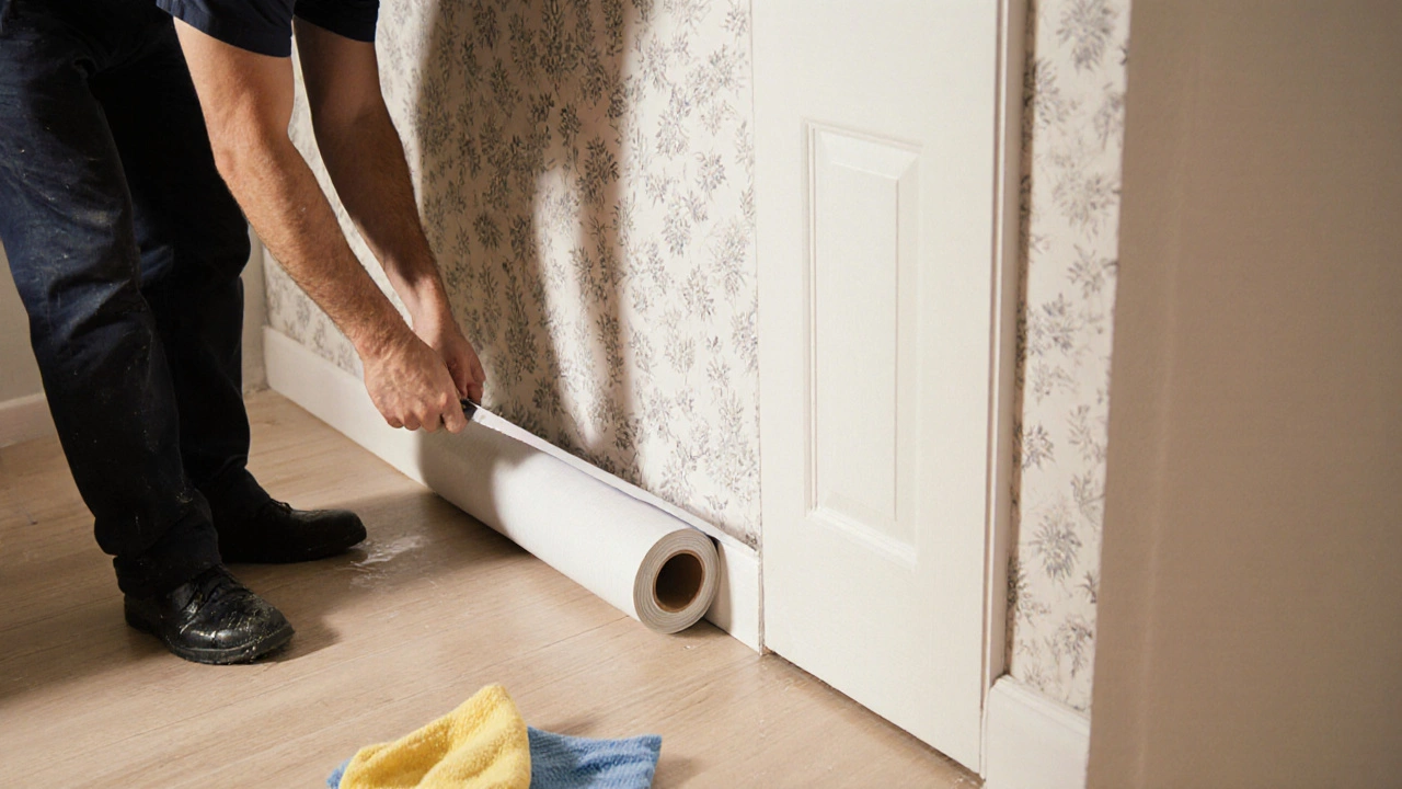 Профессионал подрезает обои вокруг дверной коробки после укладки пола.