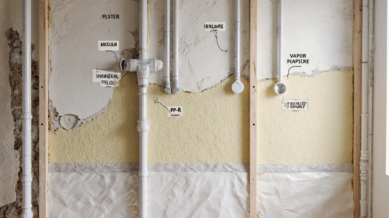 Разрез стены с показом слоев изоляции, труб и электропроводки при ремонте.