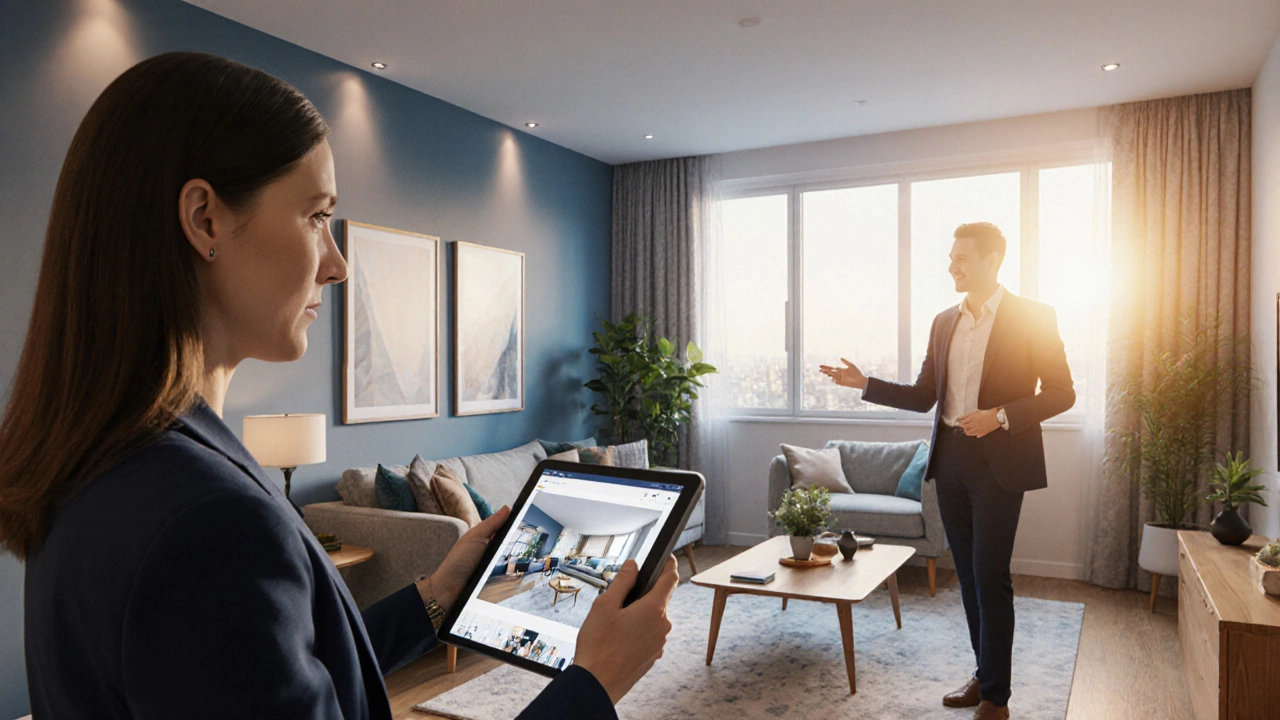 Счастливый клиент и дизайнер смотрят на завершённый стильный интерьер квартиры.