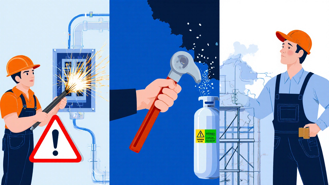 Сцена, показывающая опасные электромонтажные, сантехнические и газовые работы.