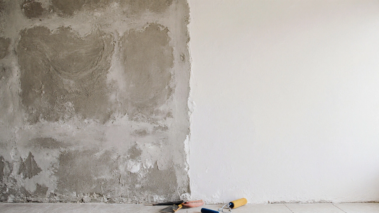 Сравнение сырой стены и стены с финишной отделкой — штукатурка против покраски и обоев.