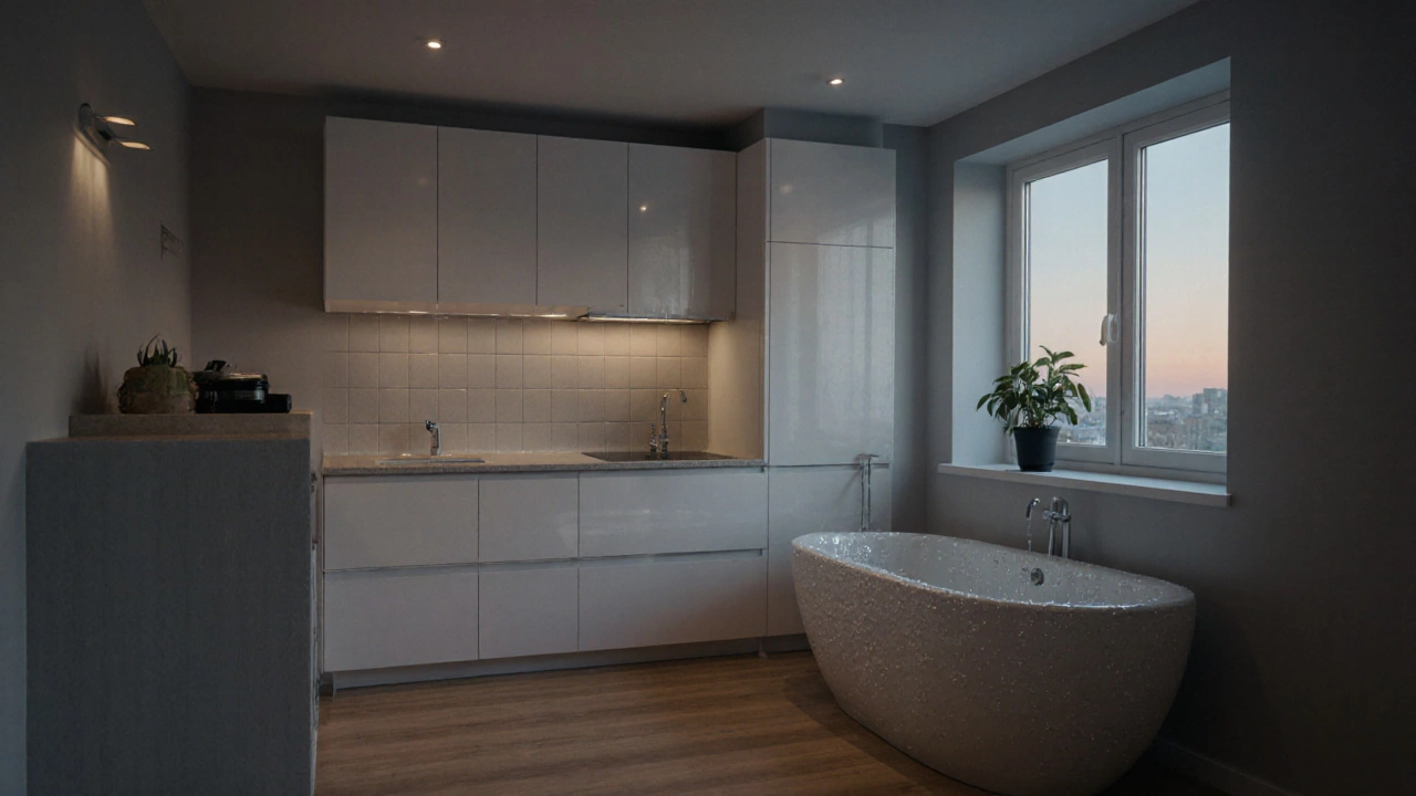 Свежеотремонтированная квартира с матовыми стенами, ламинатом и ванной, тихий вечерний свет.