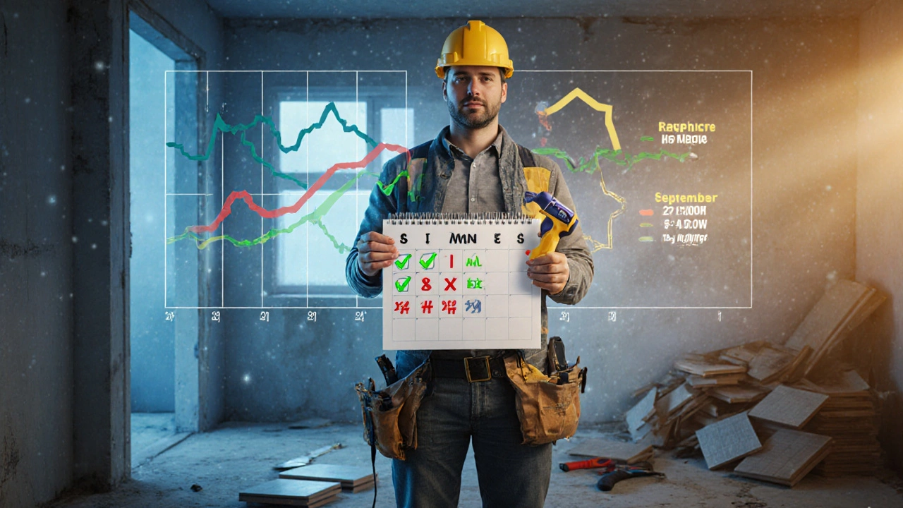 Владелец квартиры с календарем, отмечающим оптимальные месяцы для ремонта.