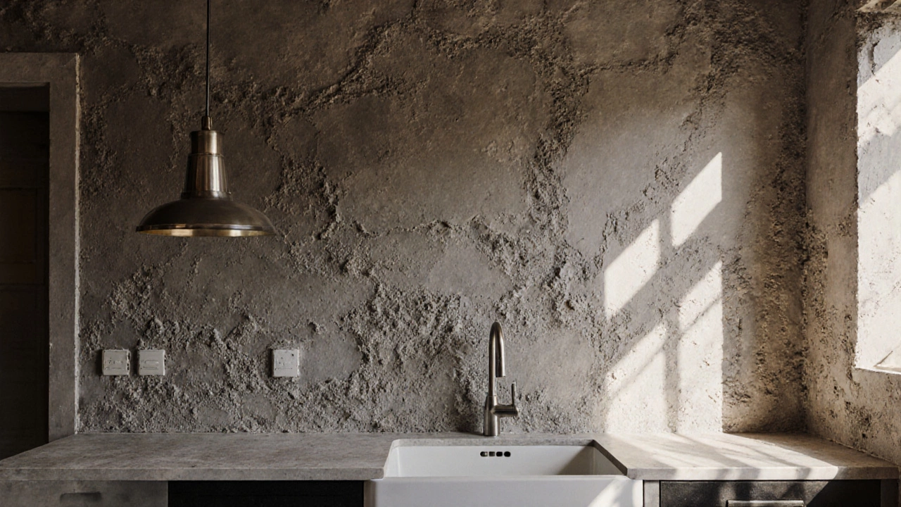 Декоративная шпатлевка &#039;Короед&#039; на кухонной стене с каменистой текстурой и естественными тенями.