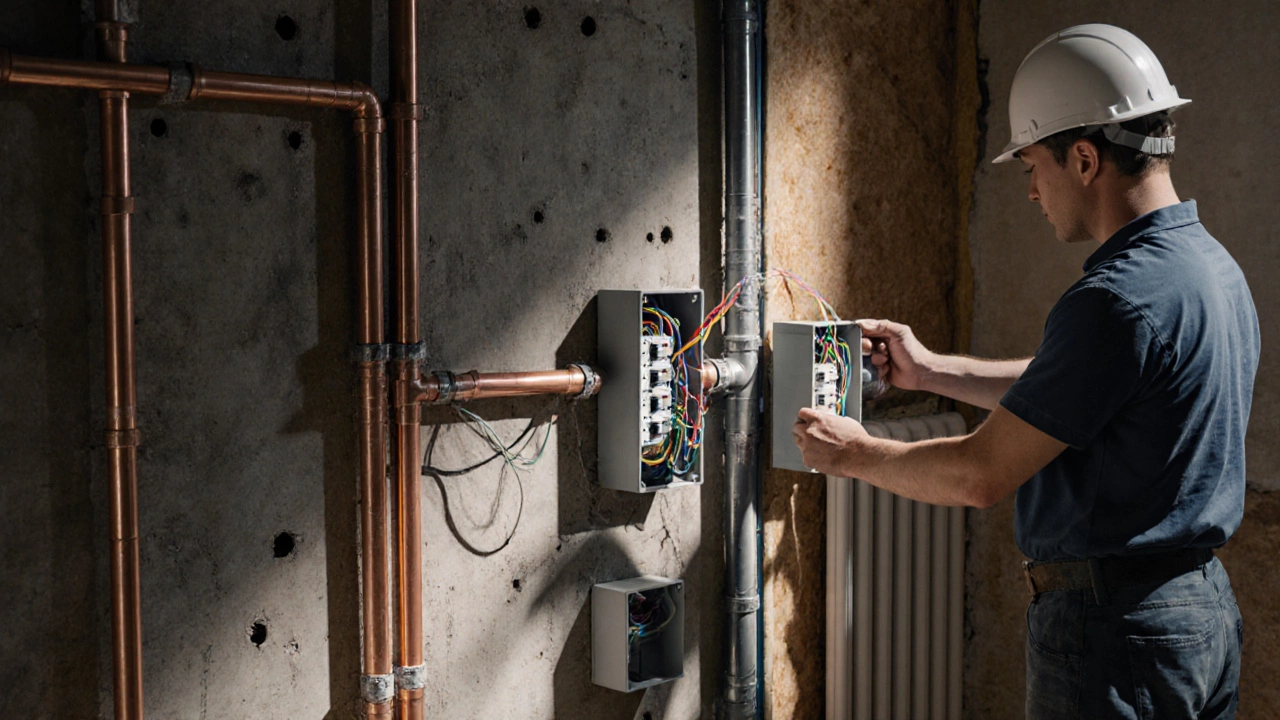 Электрики прокладывают кабели, а сантехники устанавливают новые трубы в разобранной квартире.