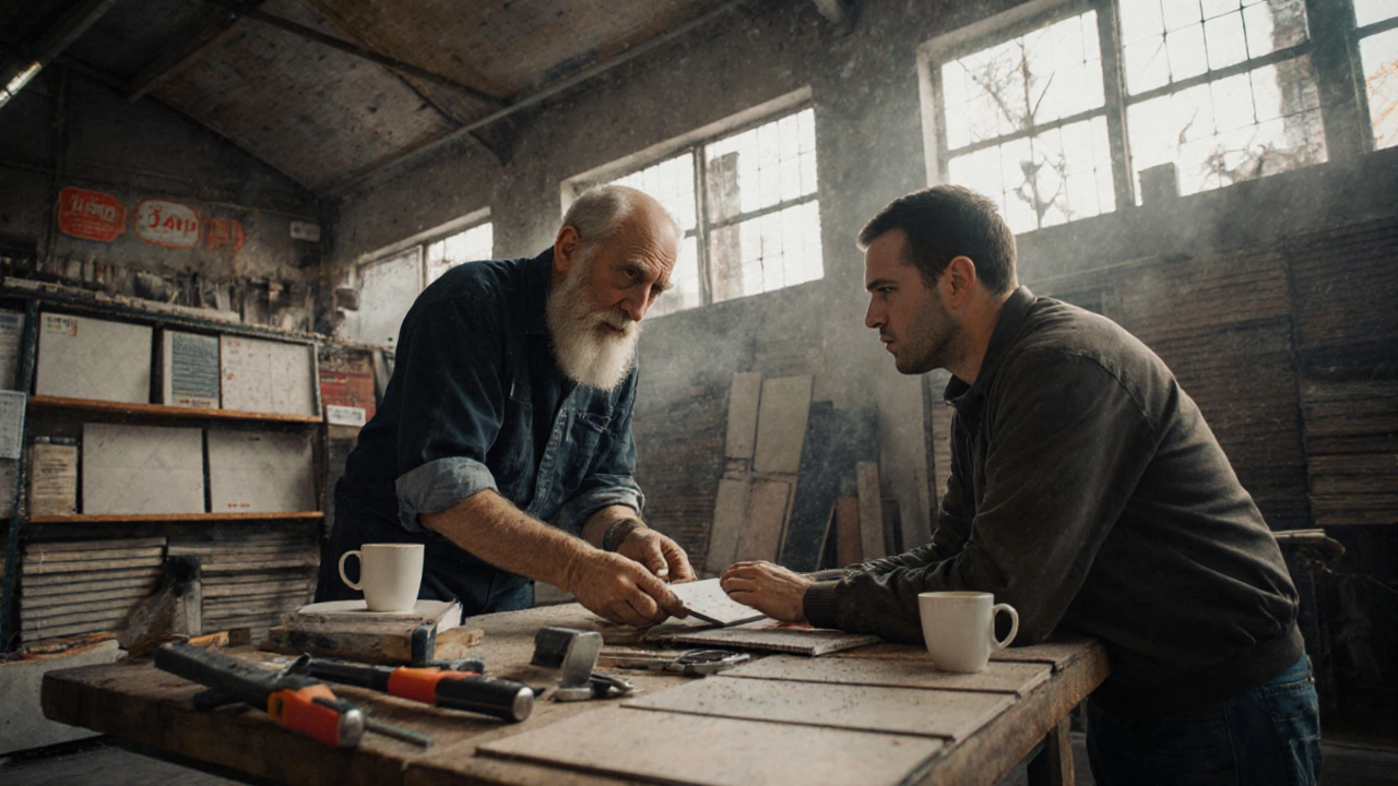 Мастер и клиент в строительном рынке Санкт-Петербурга обсуждают образец плитки, вокруг — инструменты и материалы.