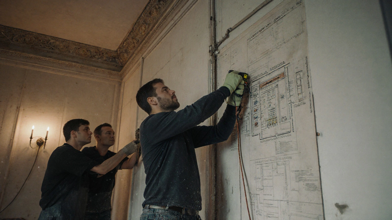 Мастер самостоятельно прокладывает электропроводку в квартире, используя лазерный уровень, а помощники готовят поверхности.