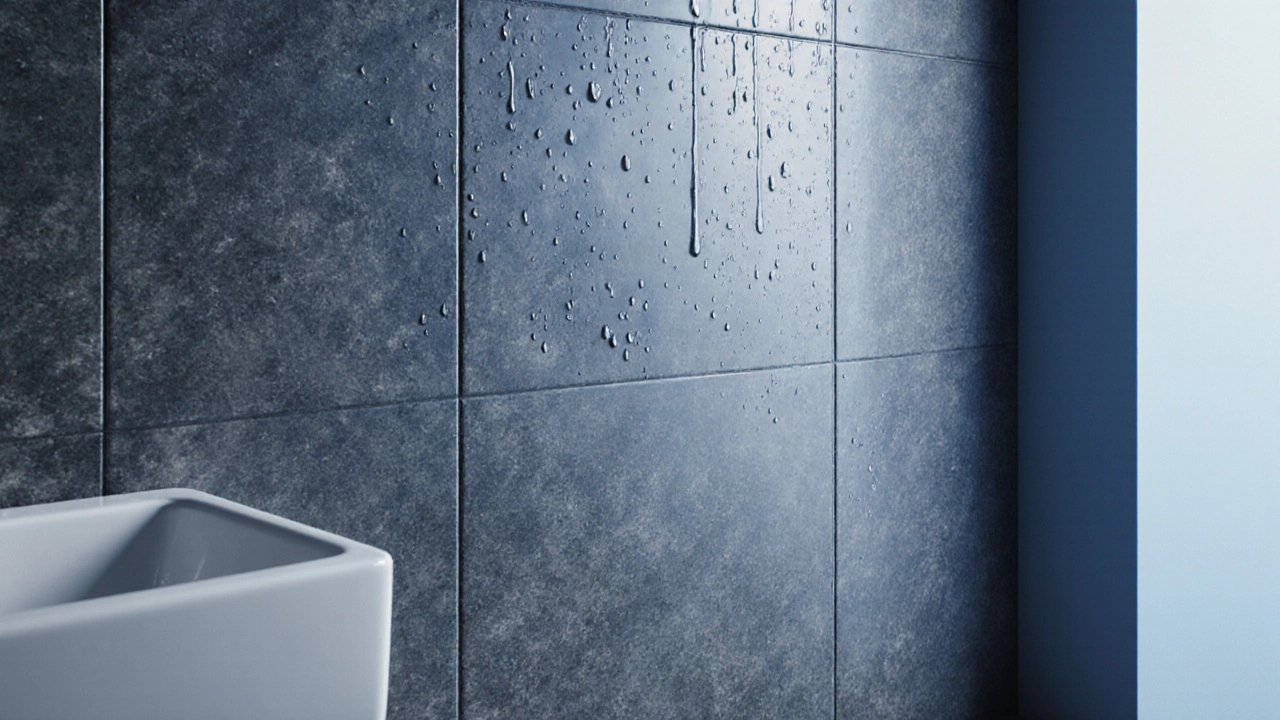Матовая керамогранитная плитка на стене ванной, уложенная без выравнивания, с видимыми швами и каплями воды.