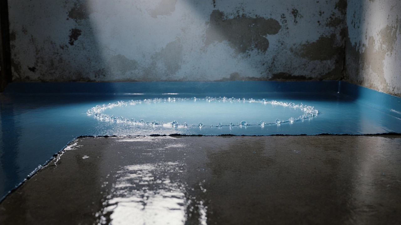 На полу нанесена гидроизоляция, проводится тест на утечку воды — капли остаются на поверхности.