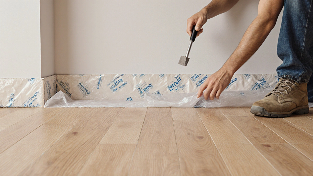 Новый ламинат на полу, обои клеятся вплотную к потолку, пол защищен плёнкой.