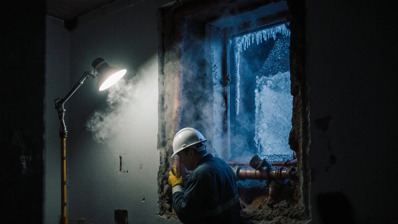Рабочий проверяет новые трубы в старом панельном доме в Санкт-Петербурге, вечером, при свете фонаря, на окне иней.