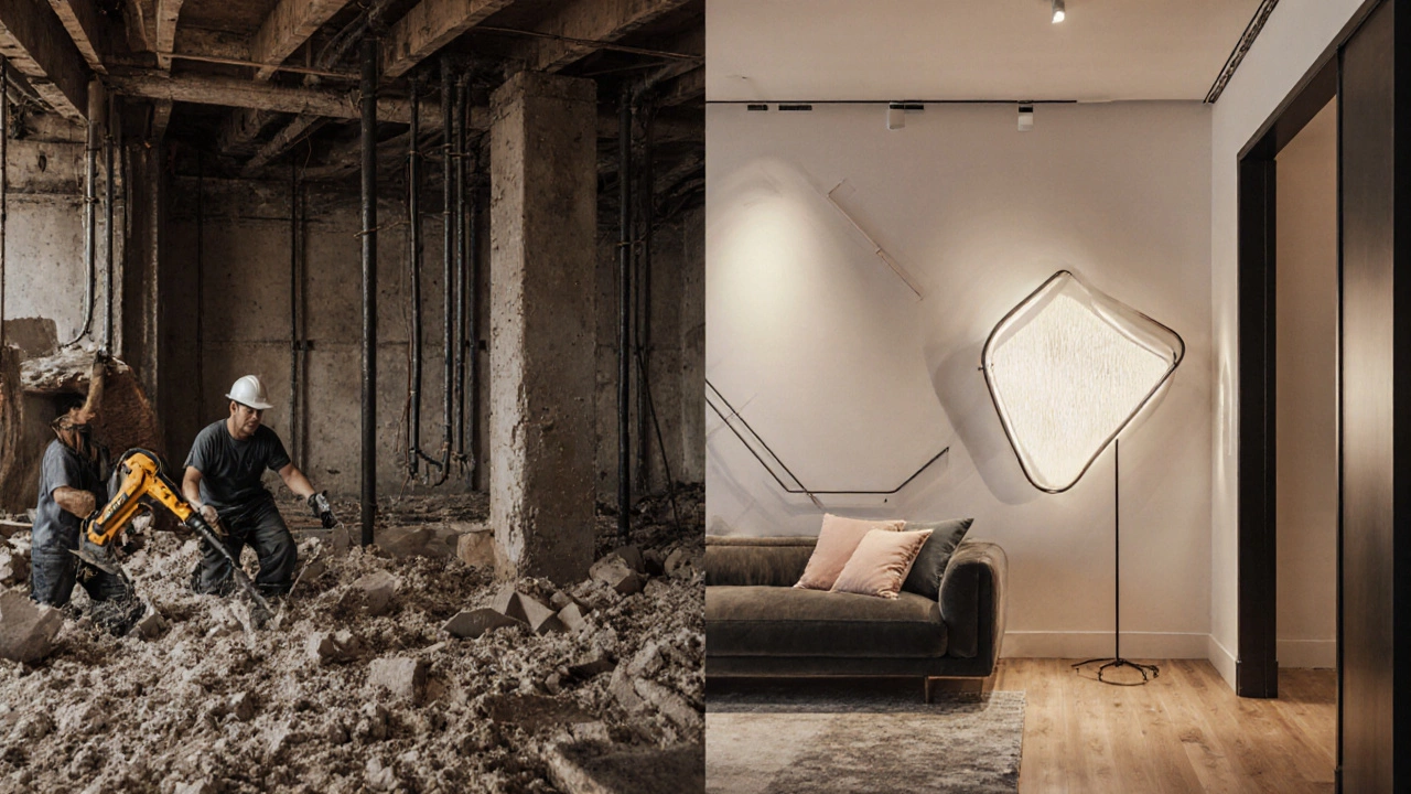 Разделённая композиция: слева — стройка, справа — дизайнерский интерьер, символизирующая переход от ремонта к дизайну.