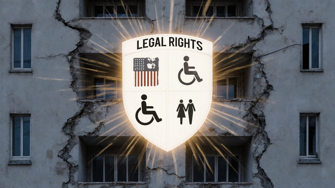 Разрушающийся дом, над которым светится щит прав граждан на льготы и ремонт.