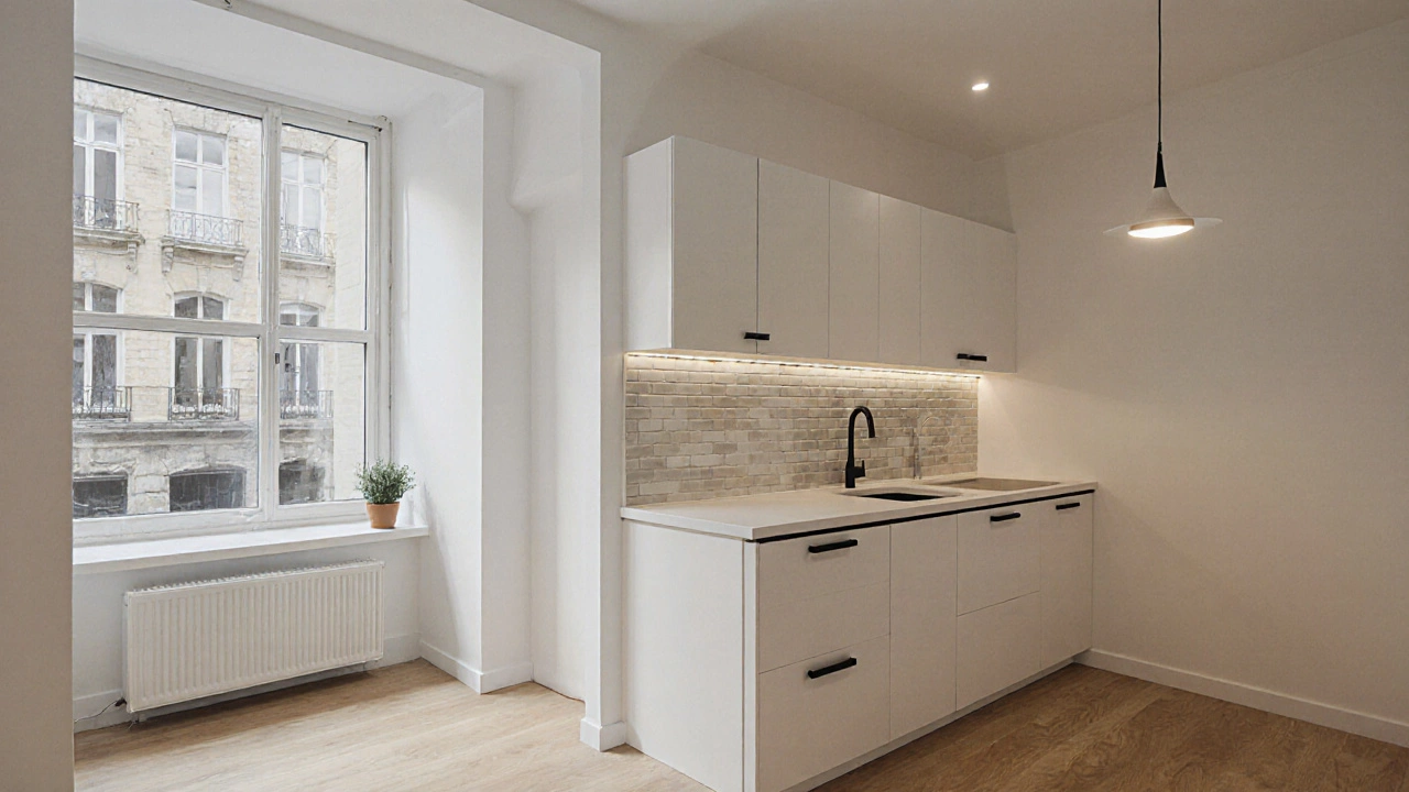 Современная гостиная в отремонтированной квартире 50 кв. м с деревянным полом, встроенной кухней и мягким светом.