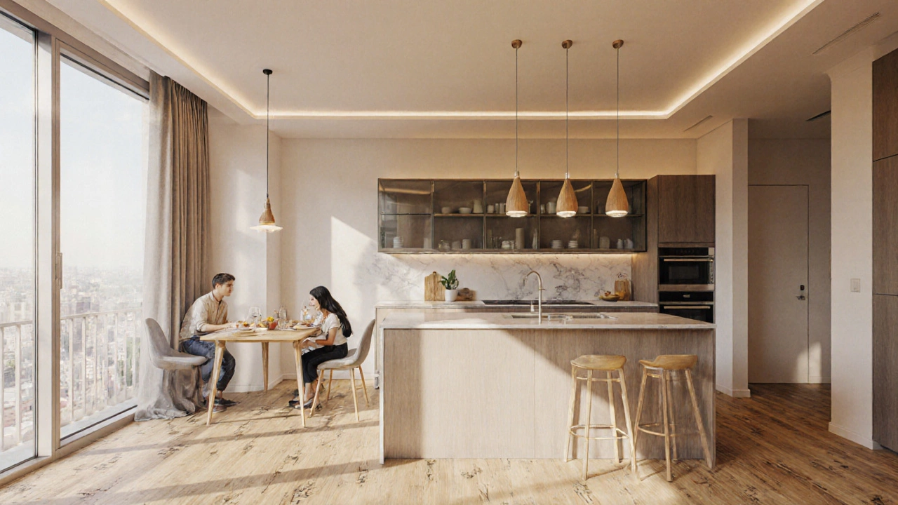 Современная кухня с матовым стеклом, скрытой подсветкой и деревянным полом, уютная атмосфера утреннего света.