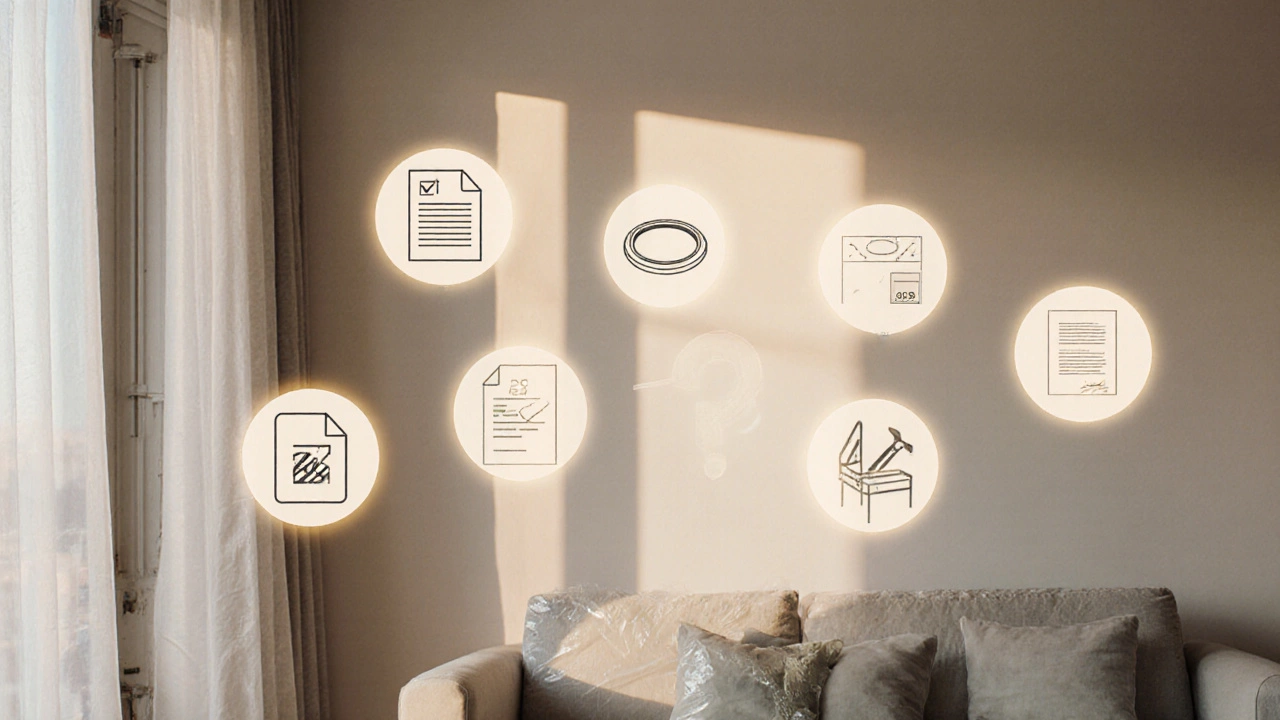 Список ключевых вопросов при ремонте квартиры в виде светящихся икон над чисто убранной современной комнатой.
