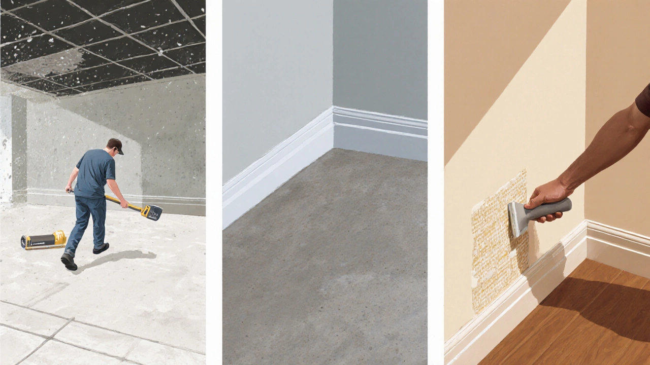 Три сцены ремонта: потолок, пол, обои — в правильной последовательности, без пыли и грязи.