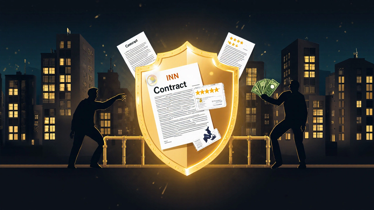 Защитный щит из документов блокирует мошенников с разбитыми трубами, свет символизирует доверие через проверку.