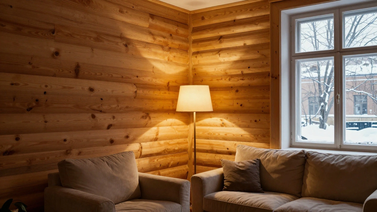 Деревянные панели блок-хаус на стене в уютной гостиной.