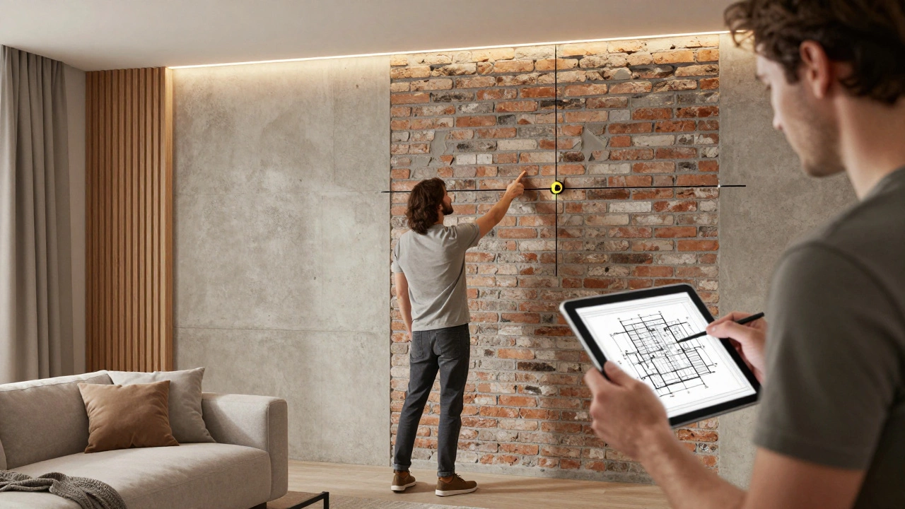 Дизайнер объясняет план перепланировки строителям в современной гостиной с видимыми электрическими схемами.