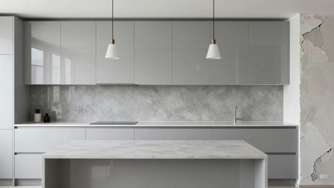 Глянцевая акриловая панель под бетон как акцентная стена на кухне.