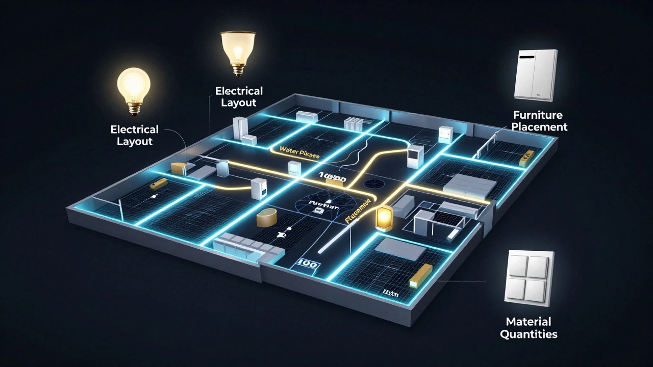Карта-навигатор с путями для электропроводки, сантехники и мебели, наложенная на план квартиры, символизирует точный ремонт.