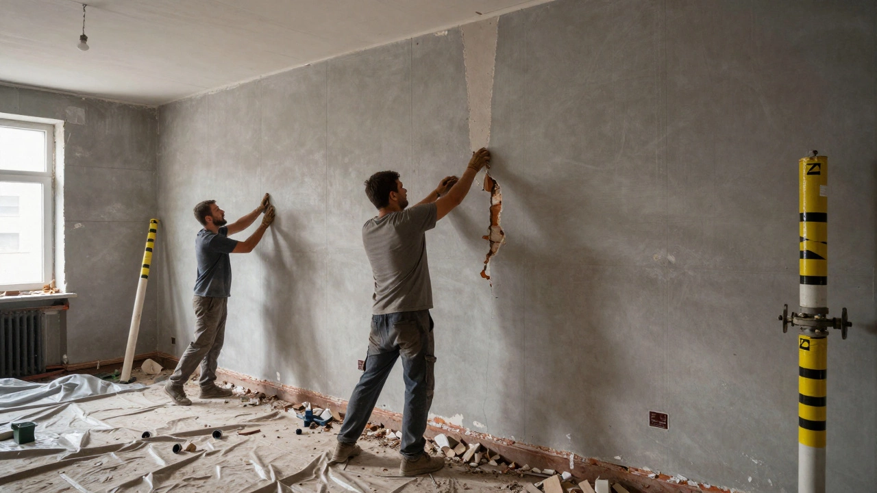 Рабочие демонтируют перегородку в панельном доме, рядом видна газовая труба с предупреждающей маркировкой.