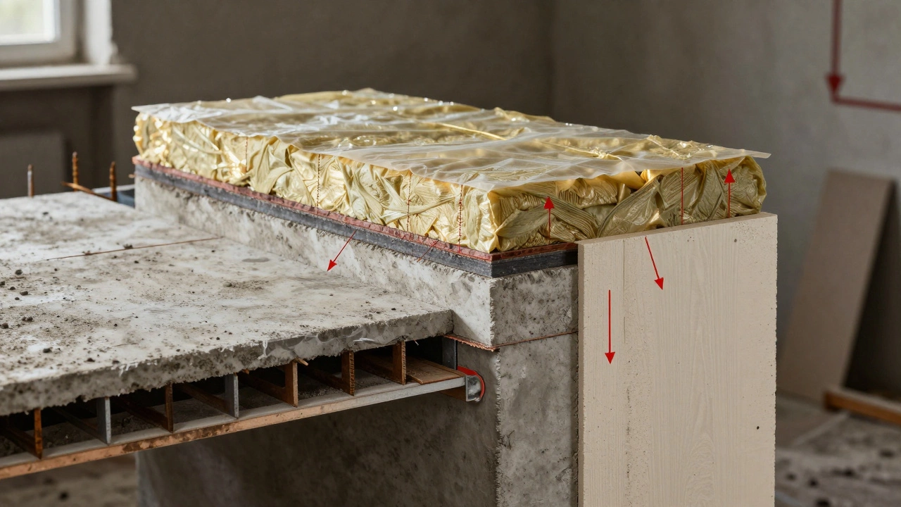 Разрез конструкции пола: стяжка, гидроизоляция, утепление и перегородка из гипсокартона.