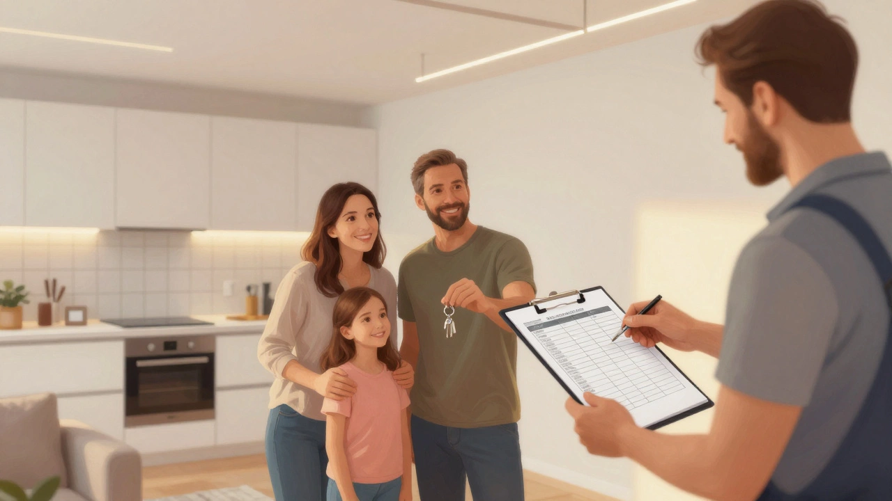 Семья получает ключи от отремонтированной двухкомнатной квартиры со средними материалами и подсветкой потолка.