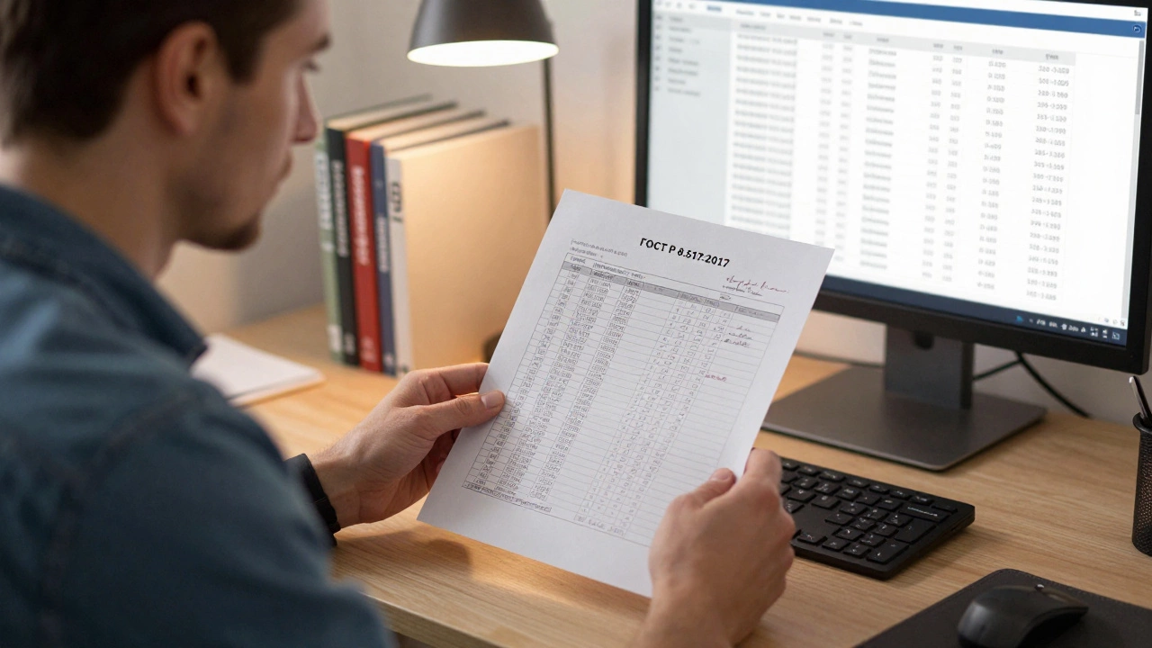 Сметчик в домашнем офисе внимательно изучает распечатанную смету с рукописными пометками и нормативными книгами.