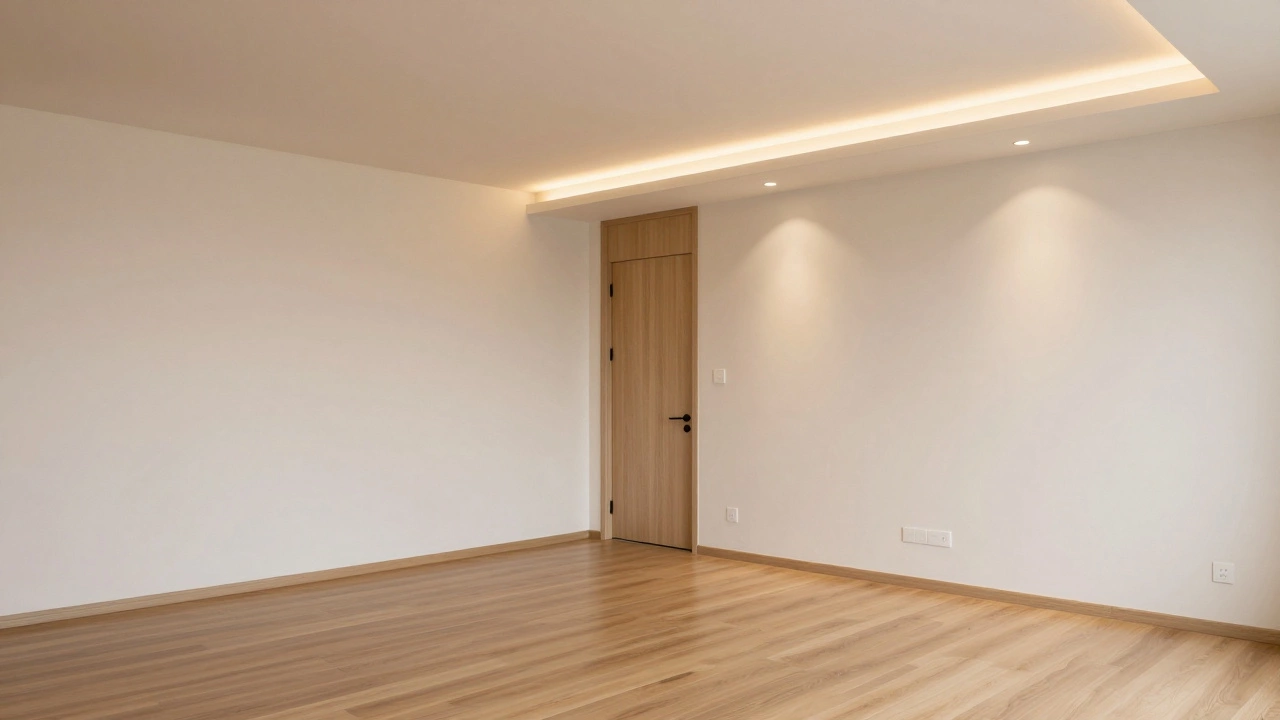 Современная гостиная с натяжным потолком, матовыми стенами и ламинатом, освещённая тёплым светом.