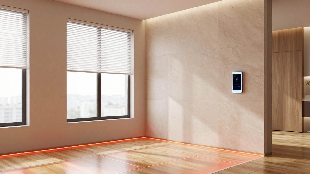 Современная квартира с умными системами: инфракрасный пол, тонкие каменные панели и автоматические шторы.