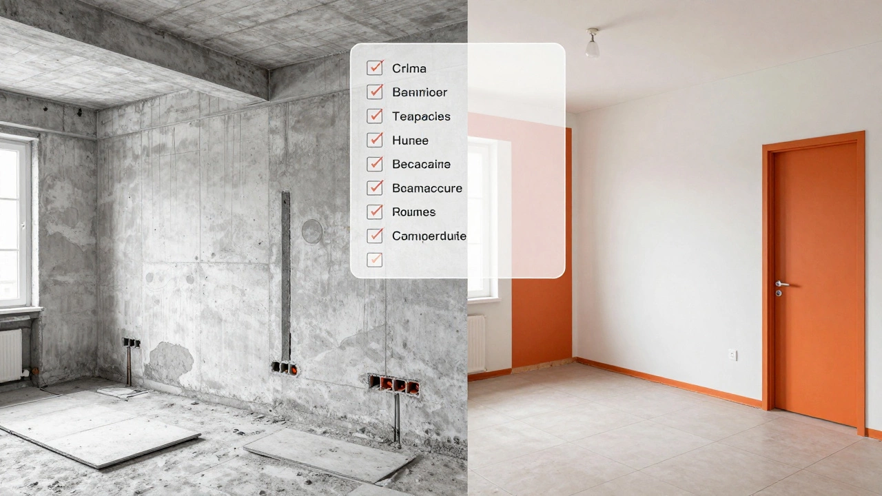 Сравнение черновой и чистовой отделки: слева — бетон и провода, справа — гладкие стены, плитка и свет.