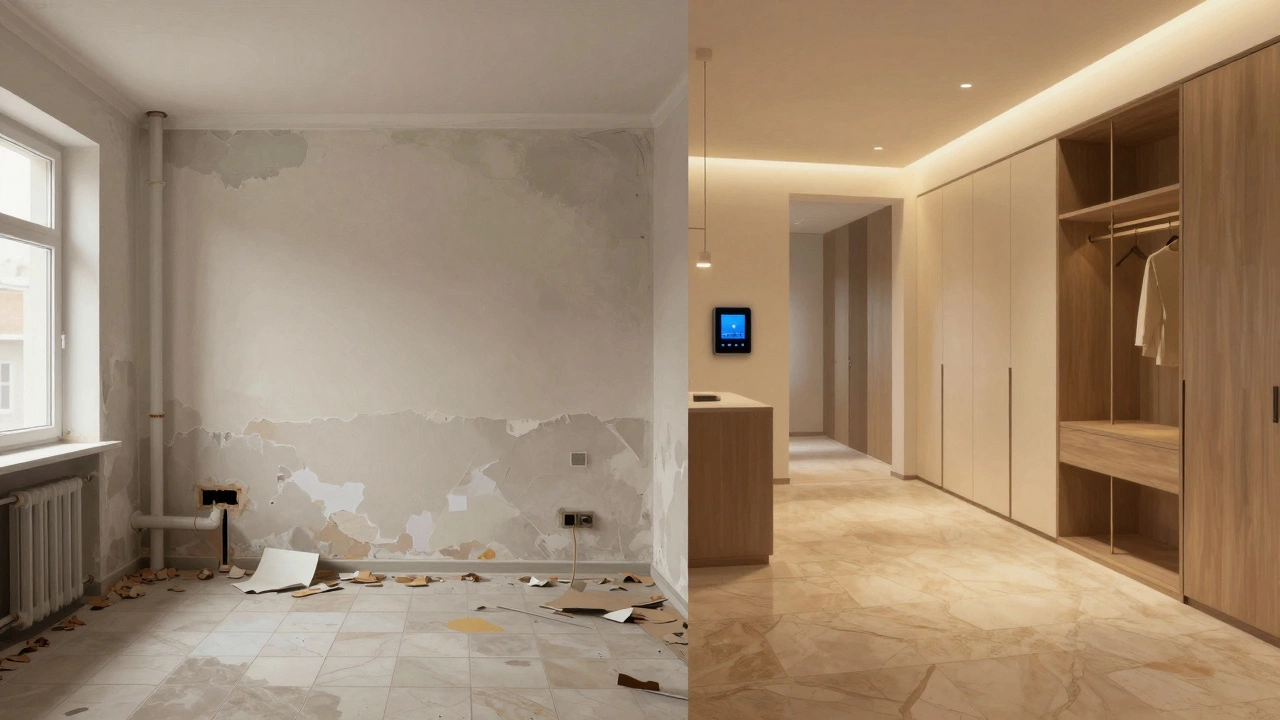 Сравнение дешёвого и премиального ремонта: слева — незаконченный ремонт, справа — качественная отделка с натуральным камнем и встроенной мебелью.