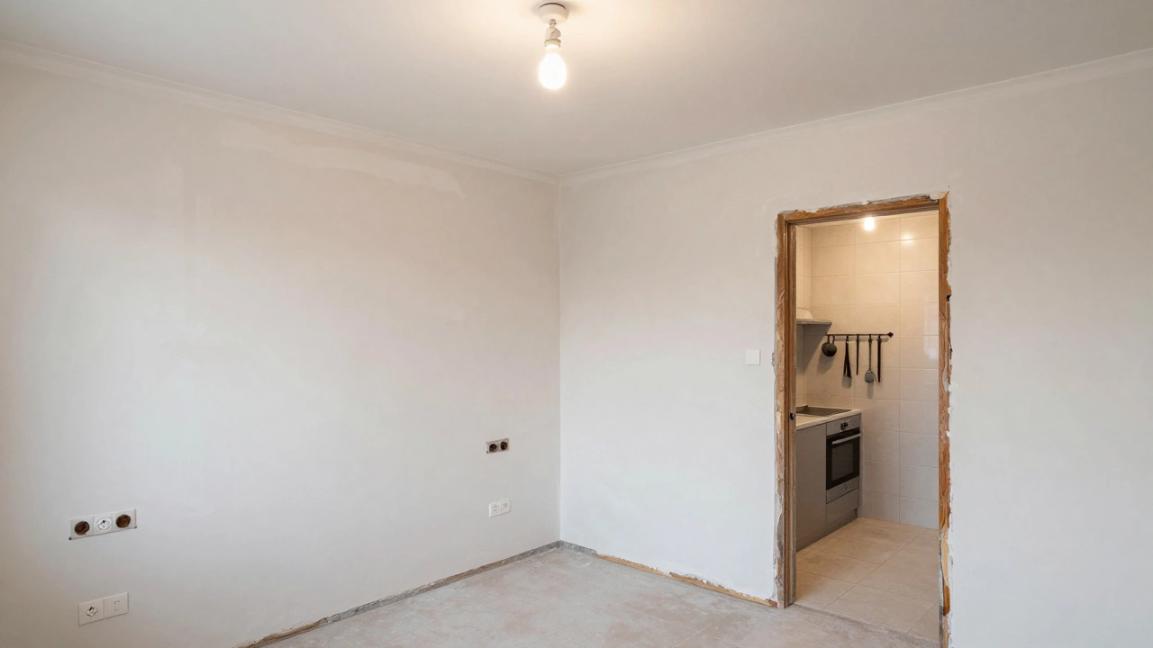 Средний ремонт: оштукатуренные стены, натяжной потолок, уложенная плитка, установлены розетки.