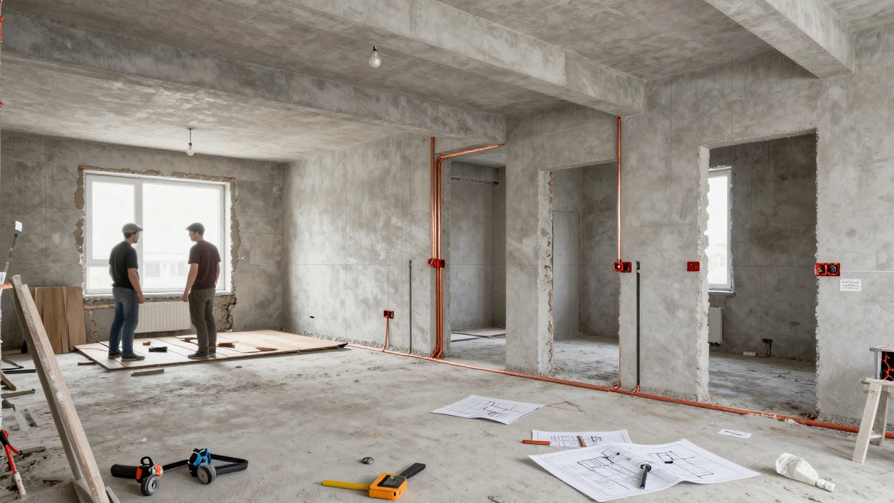 Строительная площадка в квартире: демонтаж полов и прокладка новых труб, капитальный ремонт.