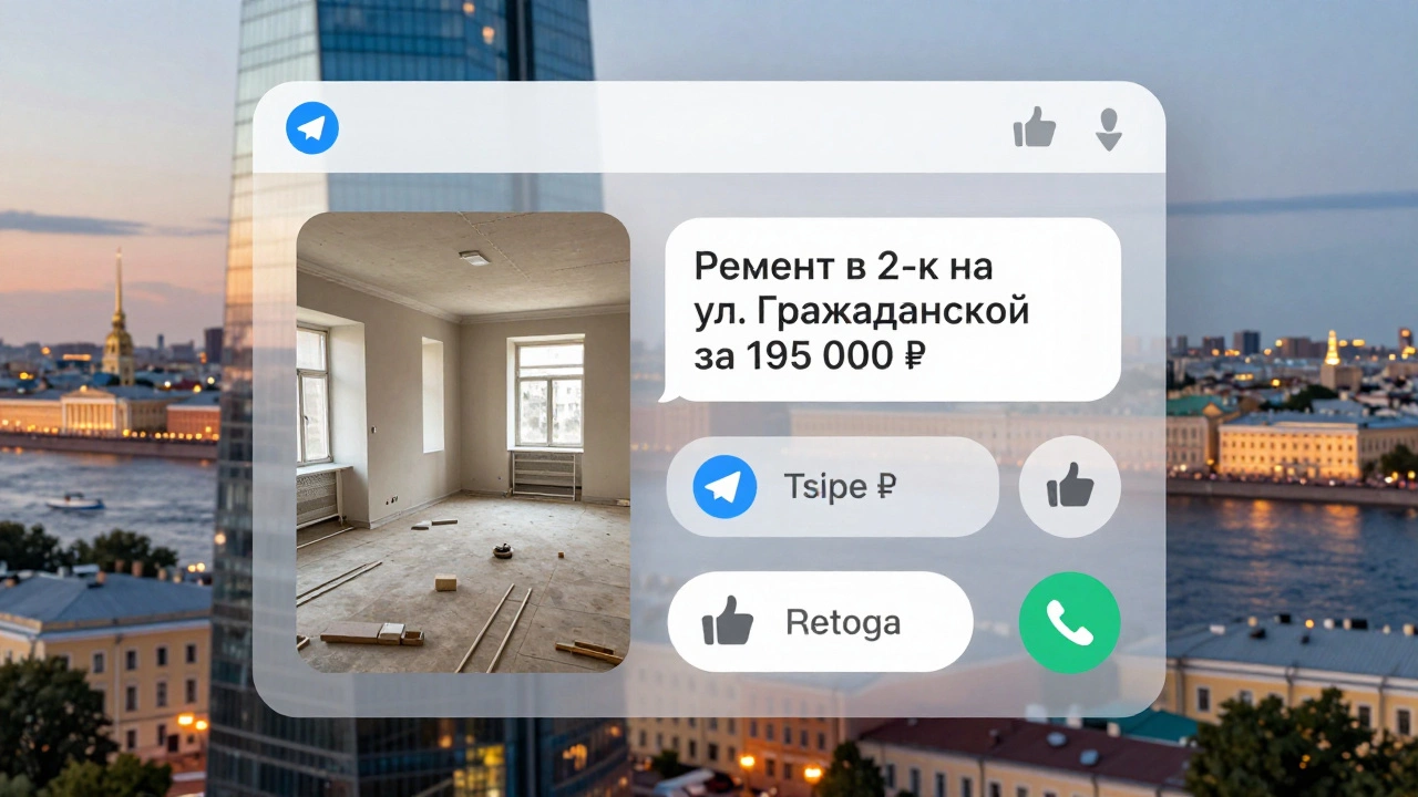 Экран Telegram с постом о ремонте и фото до/после, в окружении уведомлений о звонках.