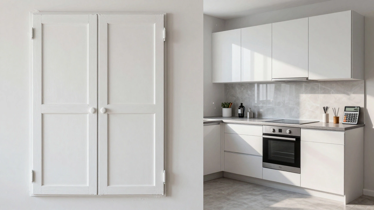 Кухонные фасады до и после ремонта: покрашенные против новых, с указанием стоимости 7000 и 15000 рублей.