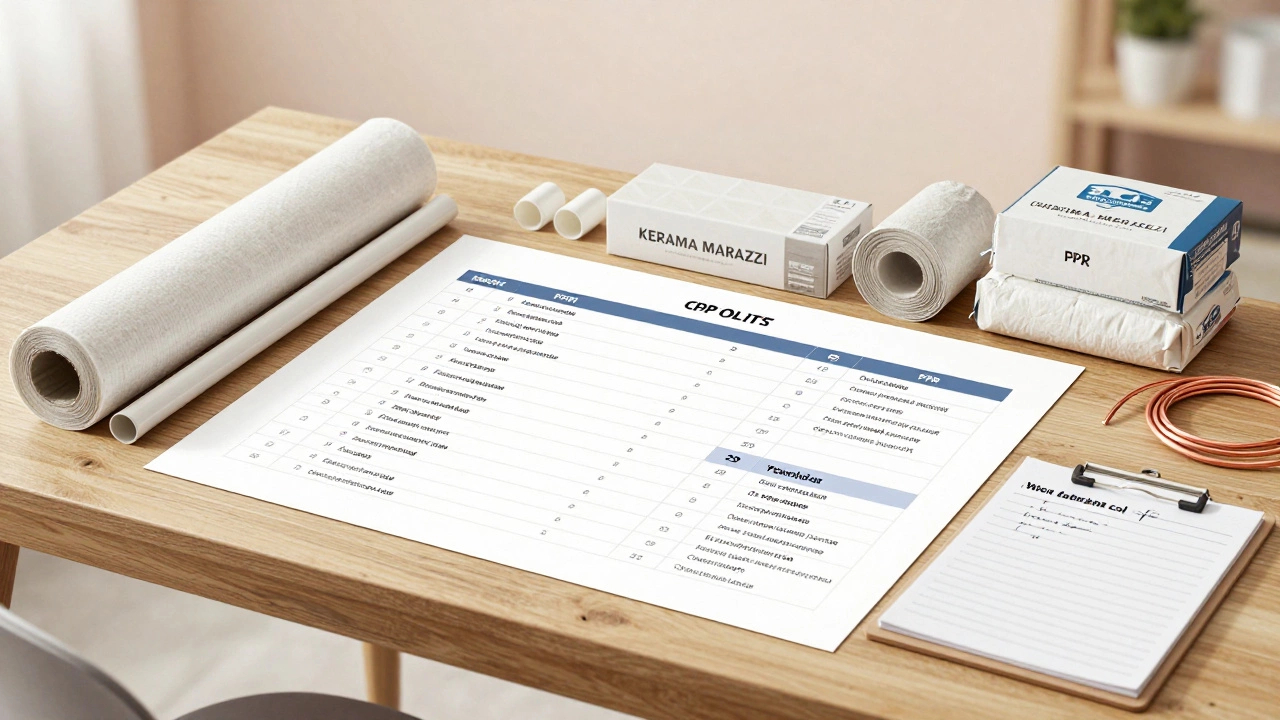 На деревянном столе разложены материалы для ремонта: трубы, плитка, гипсокартон, изоляция и блокнот с расчетами.