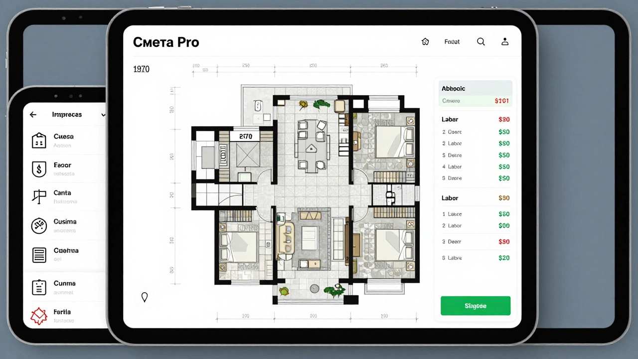 План квартиры на планшете с автоматическим расчетом материалов и стоимости работ по ГОСТ, в стиле технического чертежа.