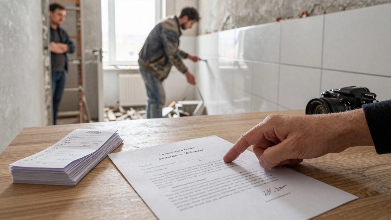 Подписанный договор и чеки на столе рядом с фотографией укладки плитки, сосед наблюдает за работой.