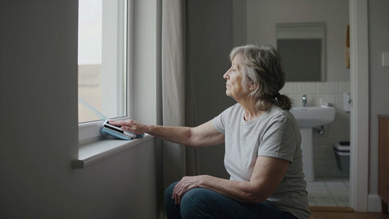 Пожилая женщина в светлой гостиной, уборщик аккуратно моет высокое окно.