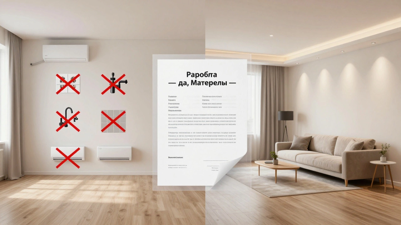 Разделённое изображение: слева — зачёркнутые элементы ремонта, справа — завершённый интерьер с надписью 'Работа — да, Материалы — нет'.