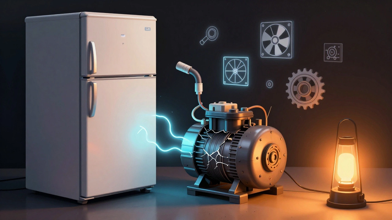 Разрушающийся компрессор холодильника с течью фреона и элементами поломок вокруг.