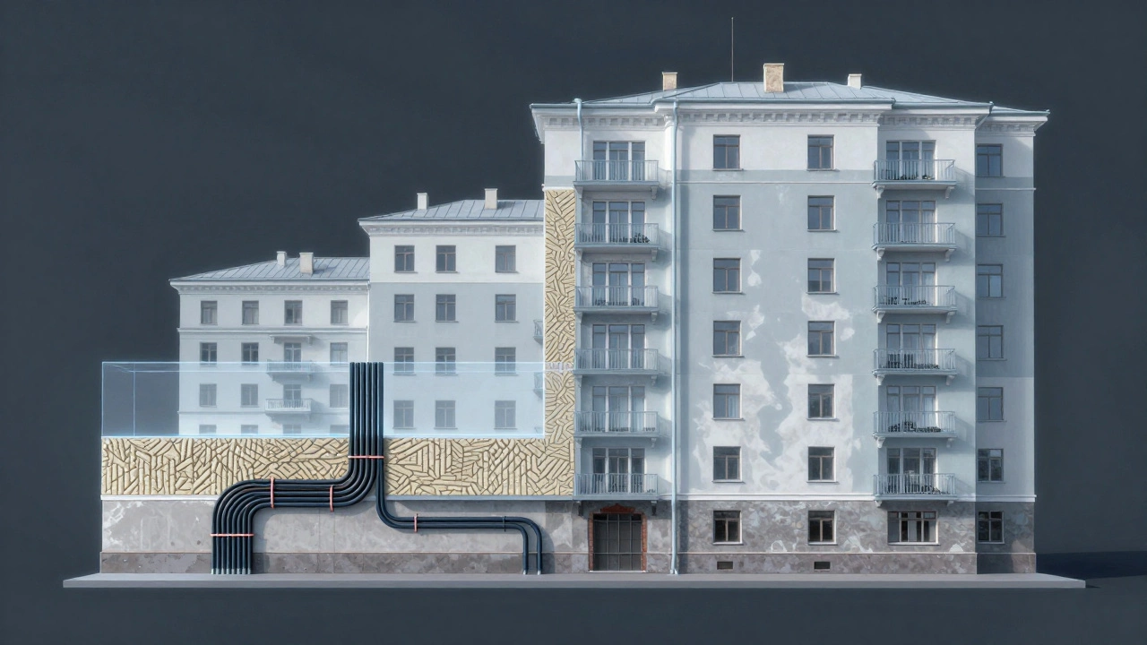 Схематичный разрез квартиры с видимыми слоями инженерных систем: проводка, трубы, штукатурка и отделка.